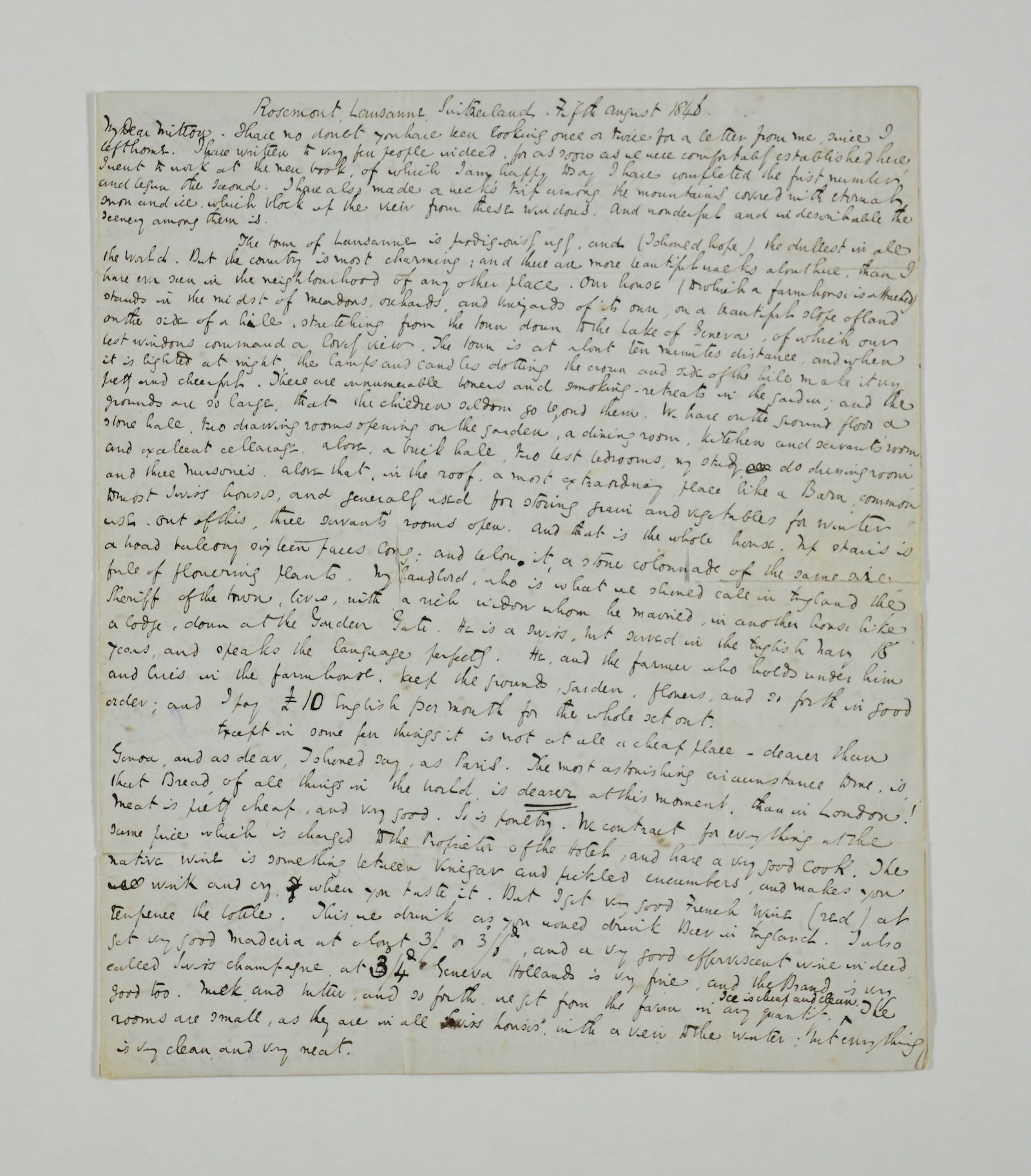 Charles Dickens, written from Lausanne on August 5, 1846 to his friend and solicitor Thomas Mitton in which he describes in detail his stay in Switzerland and mentions Dombey &amp; Son