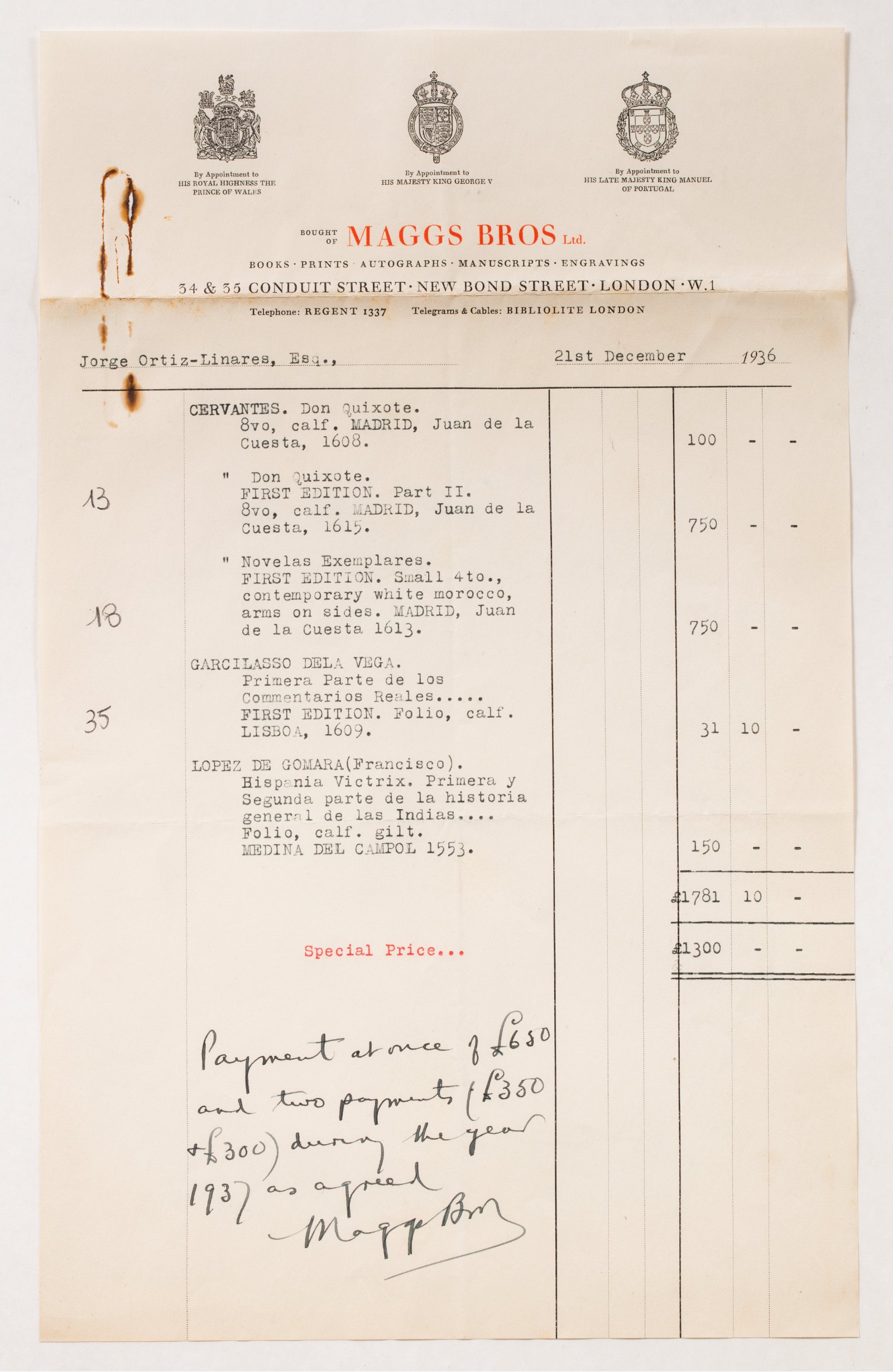 Facture from Maggs for Don Quixote sale