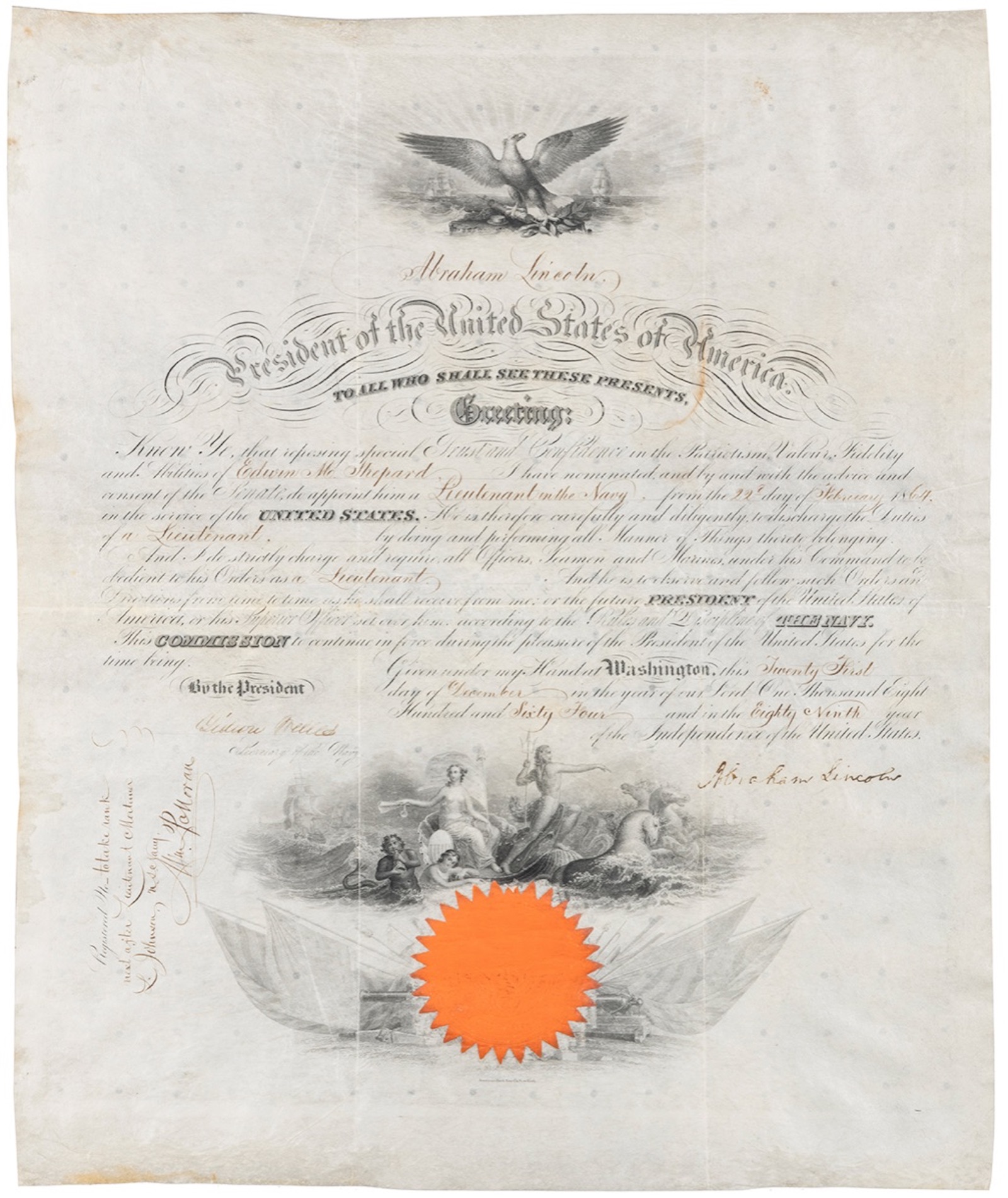 A naval document signed by President Abraham Lincoln (1809–1865) and Gideon Welles, Secretary of the Navy, is estimated at $8,000-12,000.