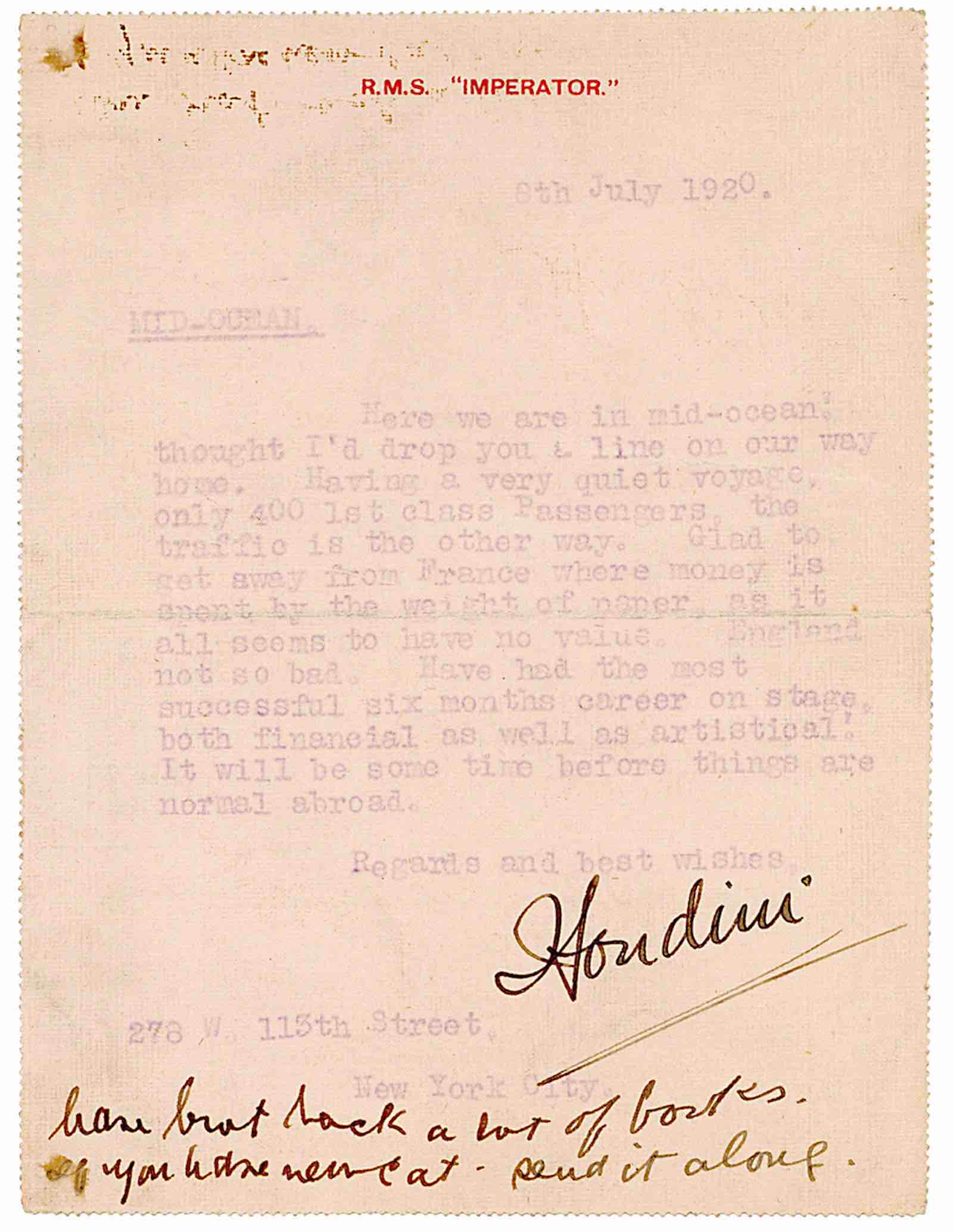 Houdini signed letter postcard