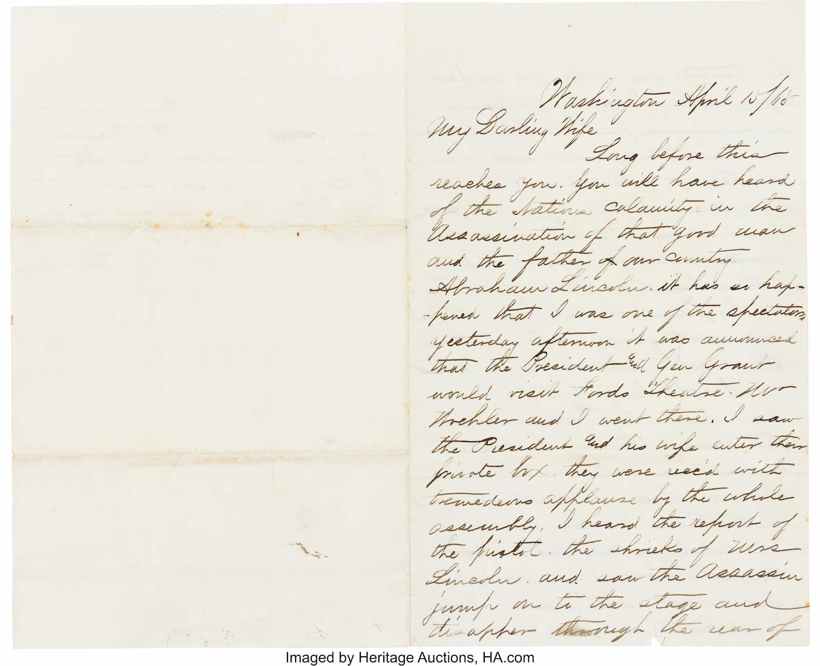 Letter from Captain Leonard B. Blinn providing eyewitness account of Lincoln murder