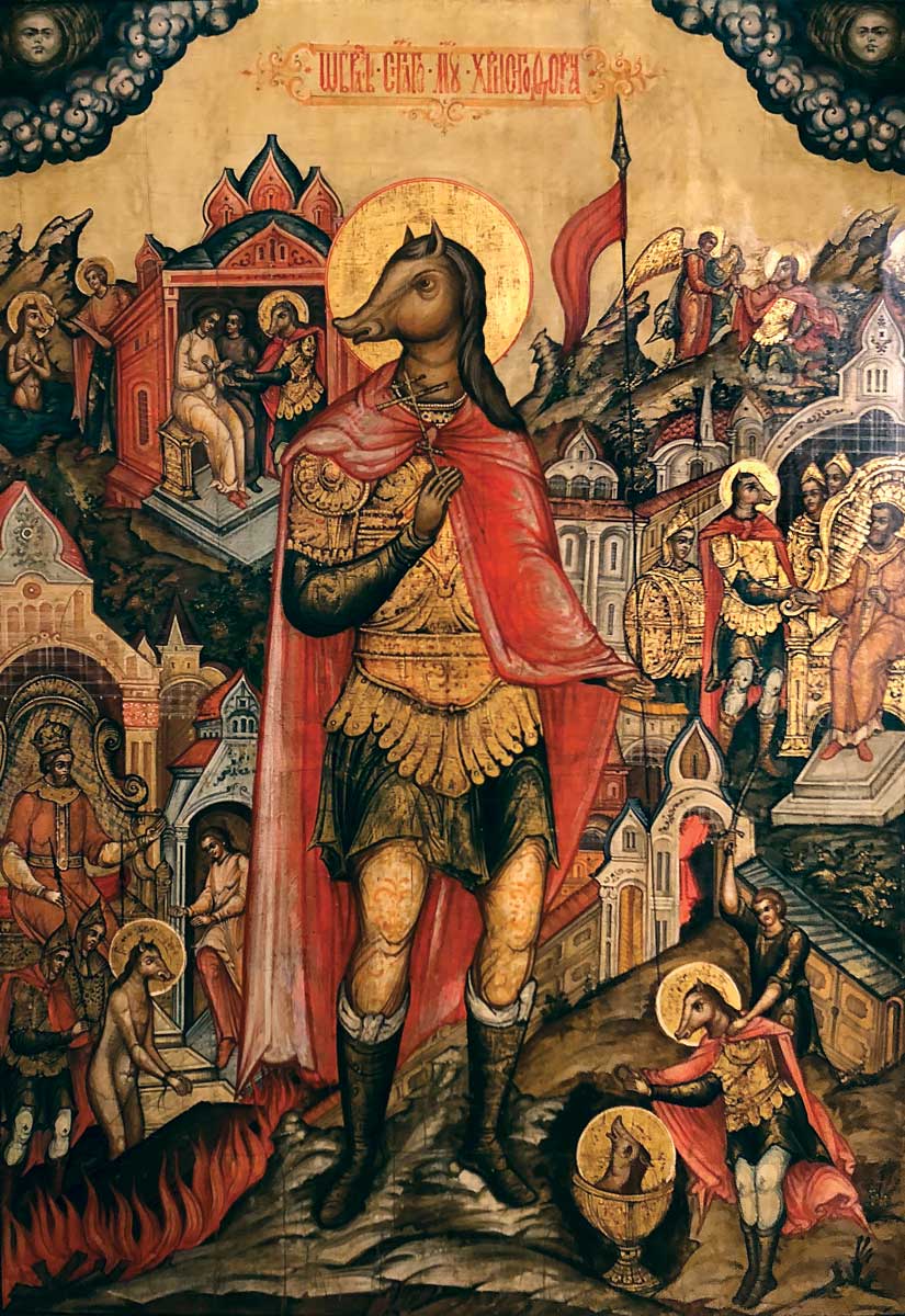 St. Christopher is often depicted in art with a dog’s head, as seen here.