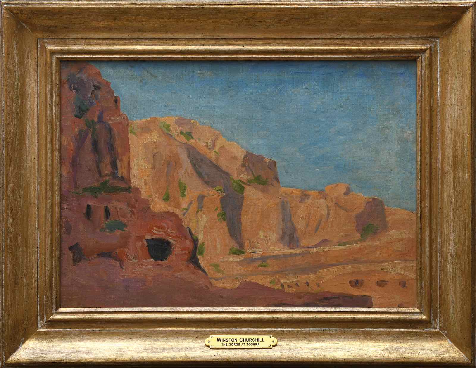 An evocative oil study of The Entrance to the Gorge at Todhra, Morocco, painted by Churchill in the winter of 1935-36. Churchill was a keen artist, first taking up the brush in 1915 and continuing till the end of his days. What started as a form of post-Admiralty therapy – &quot;If it weren’t for painting, I could not live; I could not bear the strain of things&quot;, he said – quickly turned into a lifelong passion