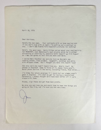 A typed letter believed to be from Harrison Ford's agent, Patricia McQueeney to Harrison Ford