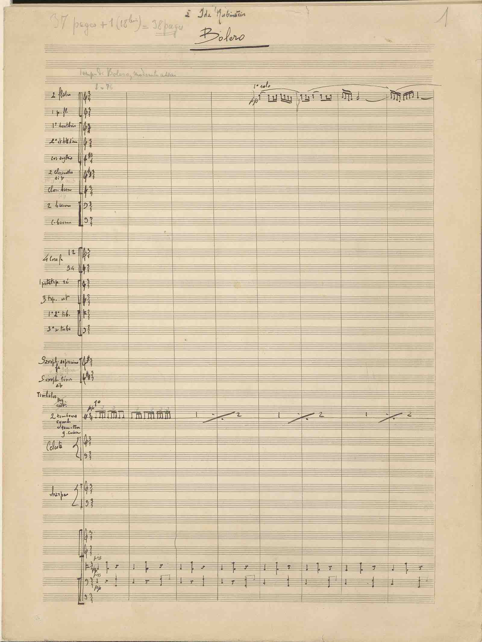 Maurice Ravel, Bolero, autograph manuscript, full score, p. 1, 1928. Dedication “to Ida Rubinstein&quot;