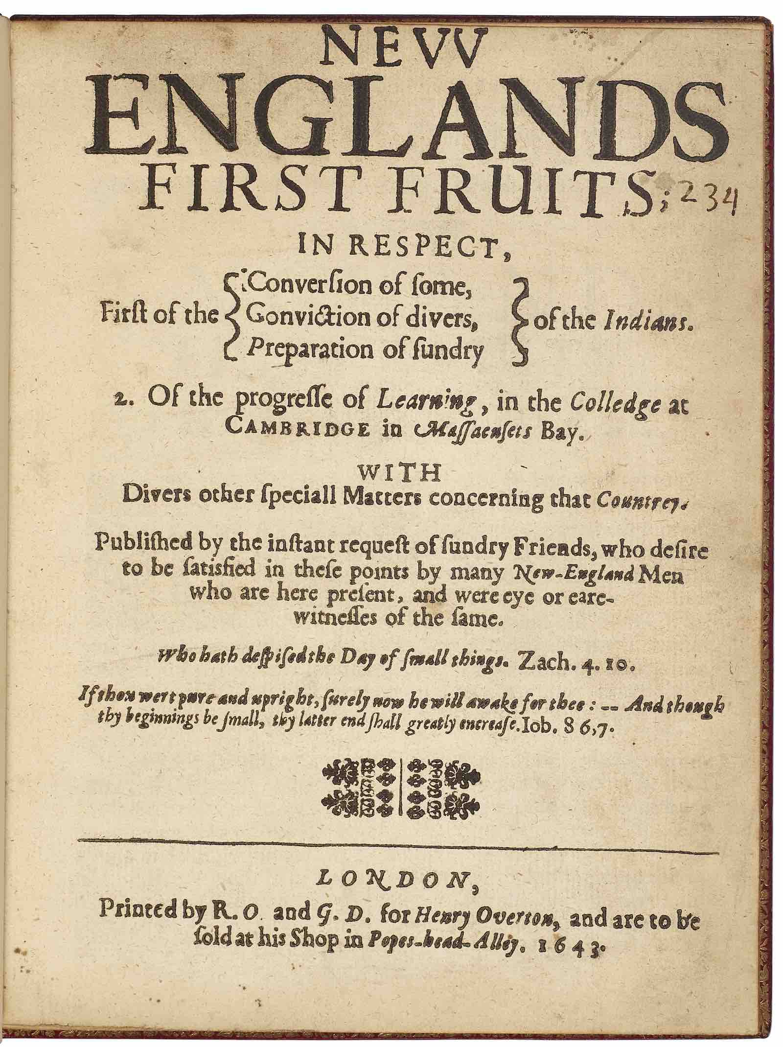 1643 New Englands First Fruits