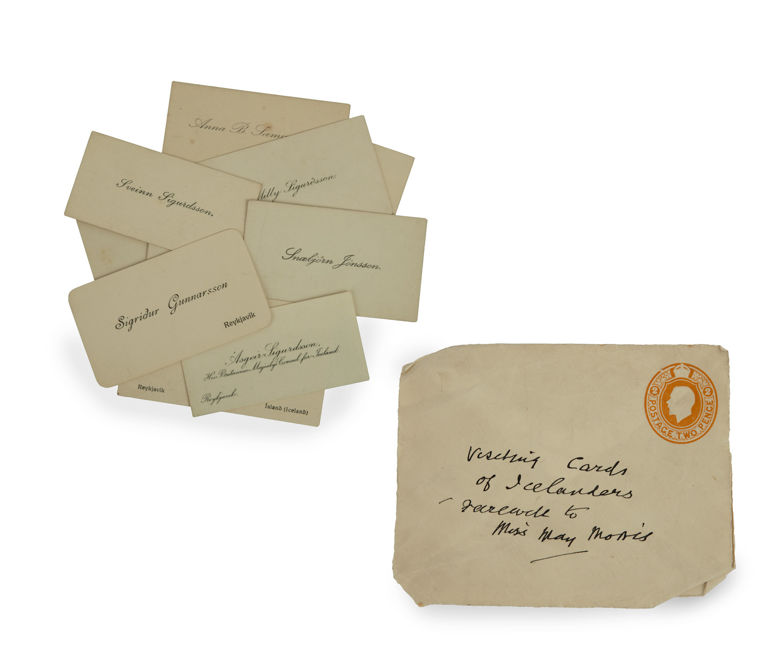 Selection of Icelanders' visiting cards presented to May Morris