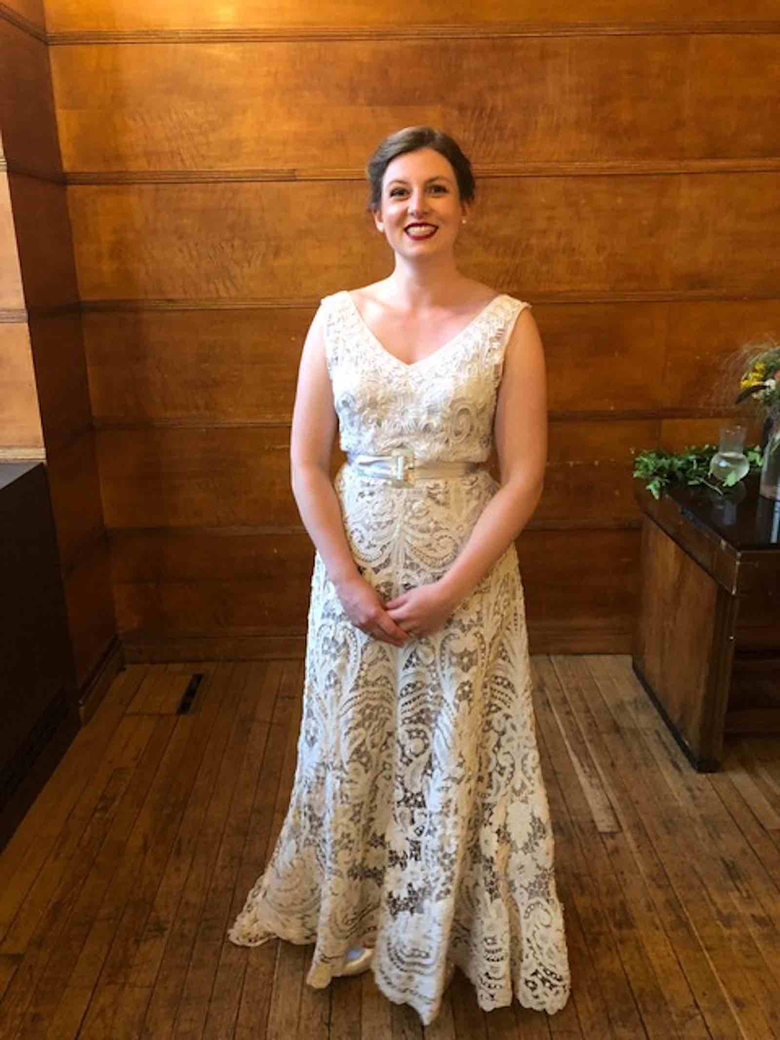 Emma Treleaven in her wedding dress. &quot;I made the top using a technique of needle lace called Battenberg lace which I learned out of books from my collection so I could recreate the lace from the skirt which is from about 1912.&quot;