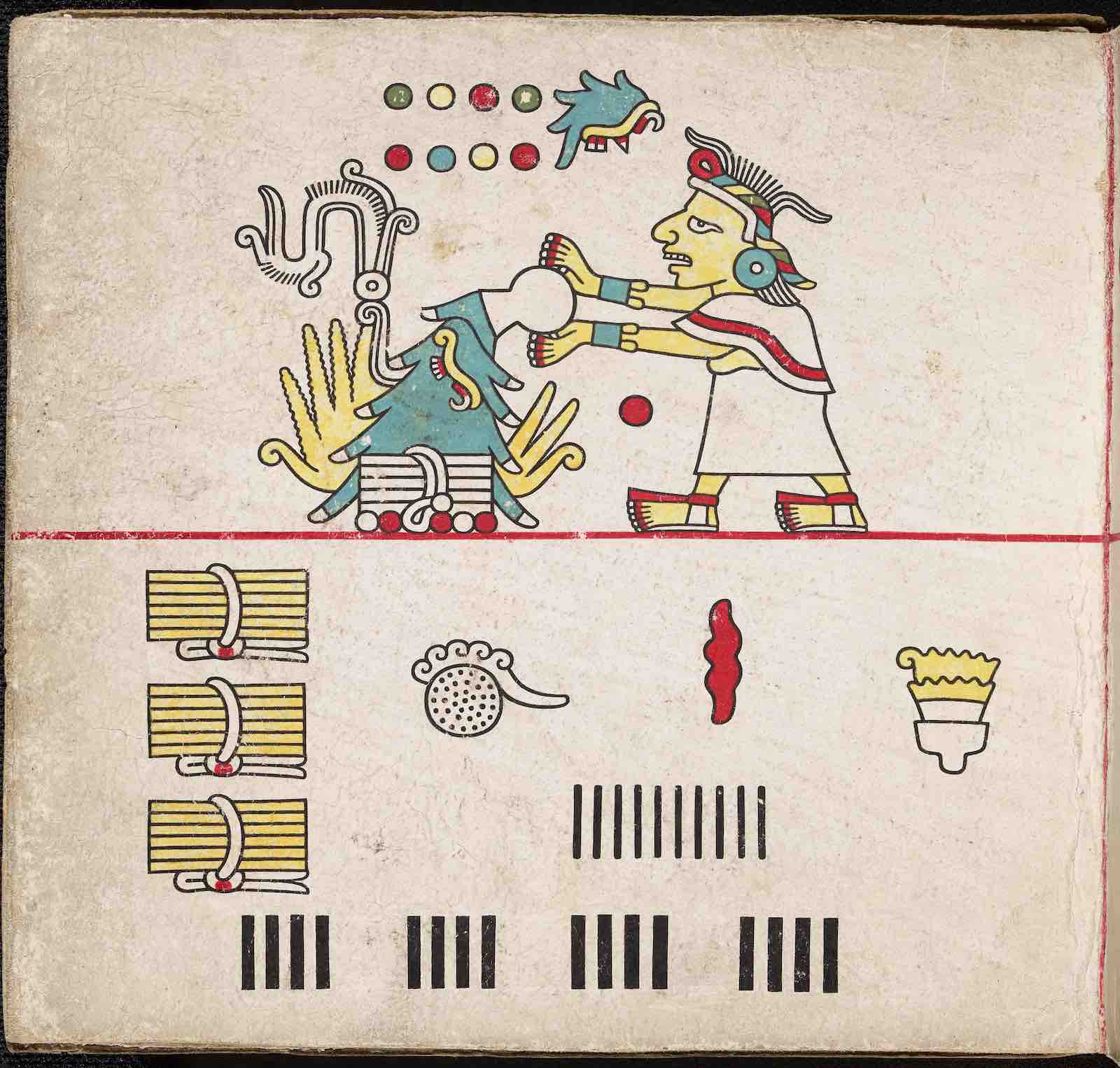 A young priestess extinguishes the flames of a bundle of burning pine sticks, Codex Laud, 15th century