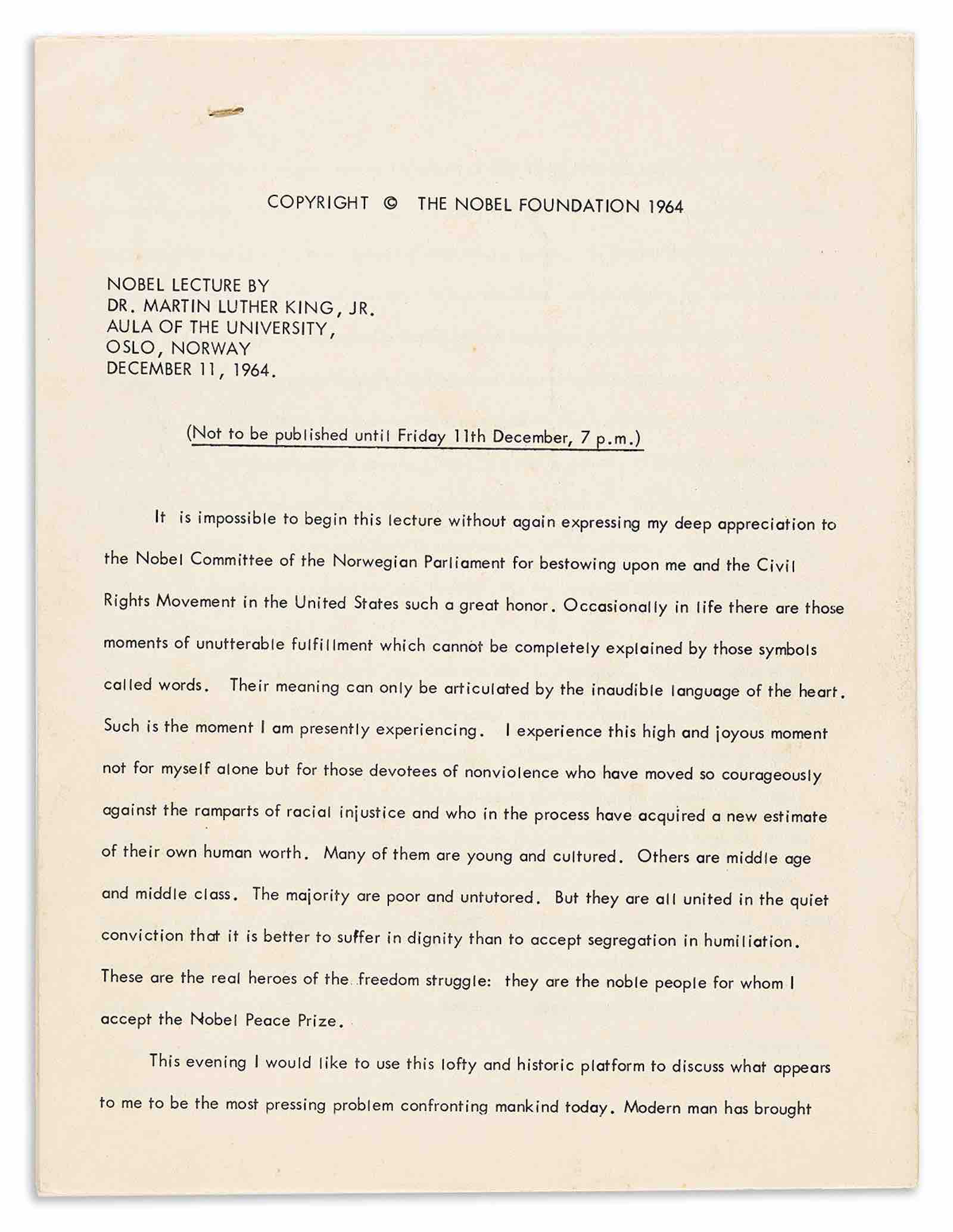 Advance press copy of Martin Luther King Jr's Nobel Peace Prize lecture on December 11, 1964