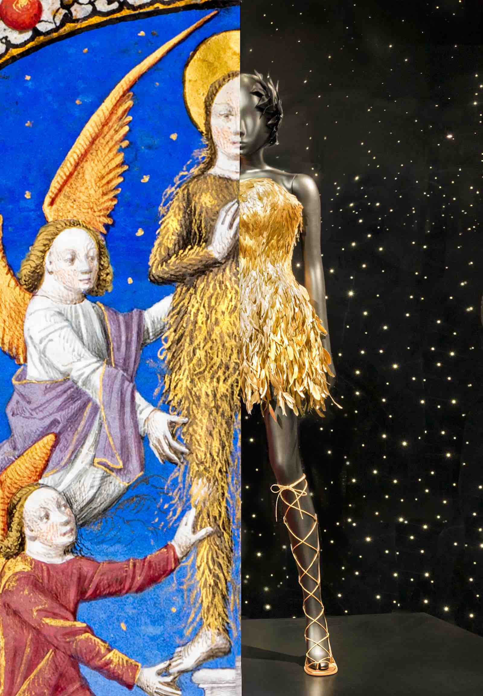 Mary Magdalene wears only her golden hair on the left; on the right Dior’s golden-feathered gown brings a modern splendour to the look.