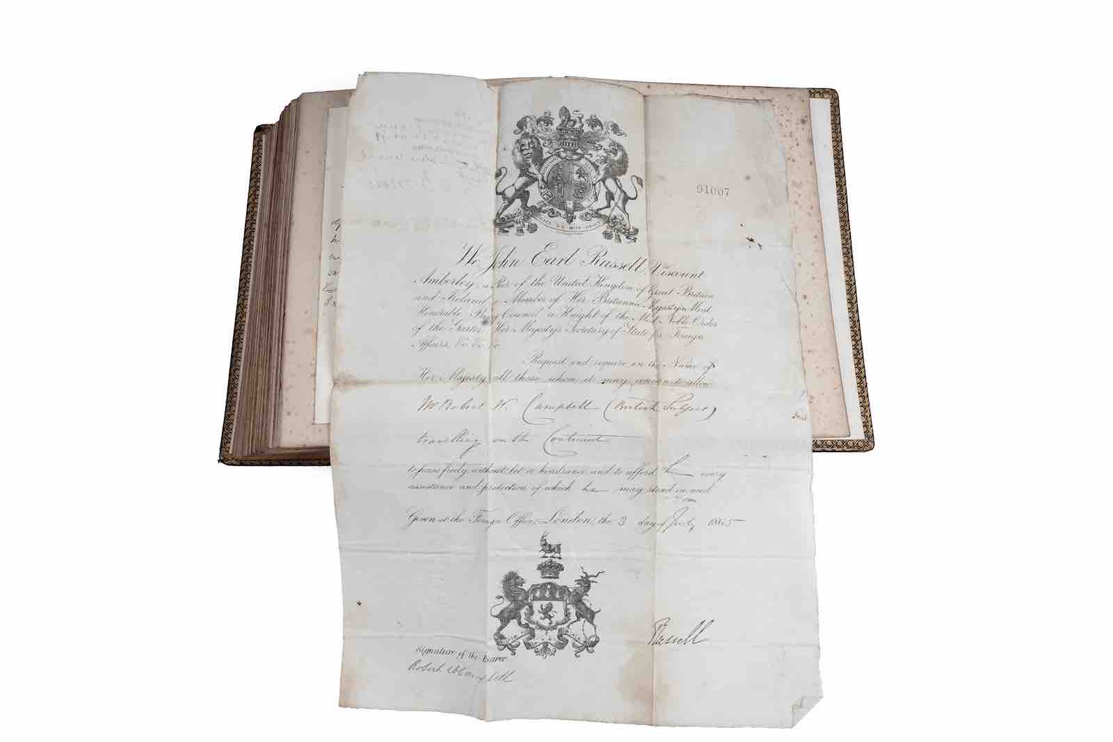 Campbell's passport certificate to travel through the Continent, signed by Earl Russell, Viscount Amberley