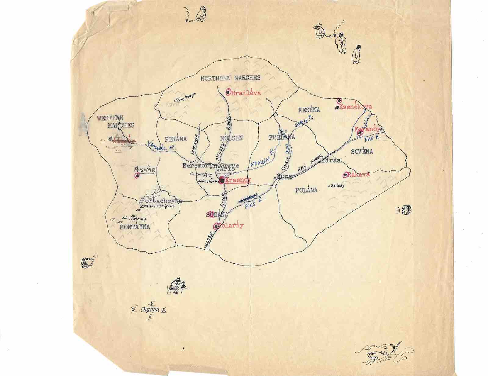 Orsinia, the Ten Provinces, unpublished, for Malafrena, 1979. Ink and typewriter text on tracing paper.
