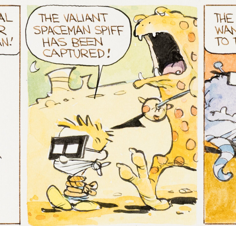 Bill Watterson, Calvin and Hobbes, first appearance of Spaceman Spiff, hand-colored daily comic strip original art dated November 29, 1985