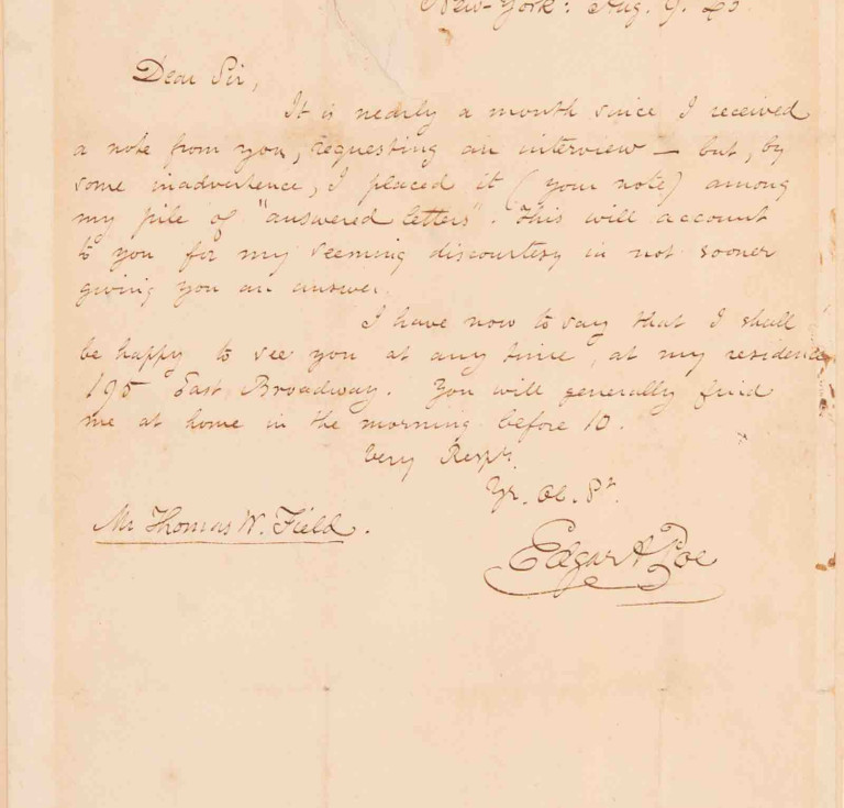 Poe's letter to poet and and historian Thomas Warren Field